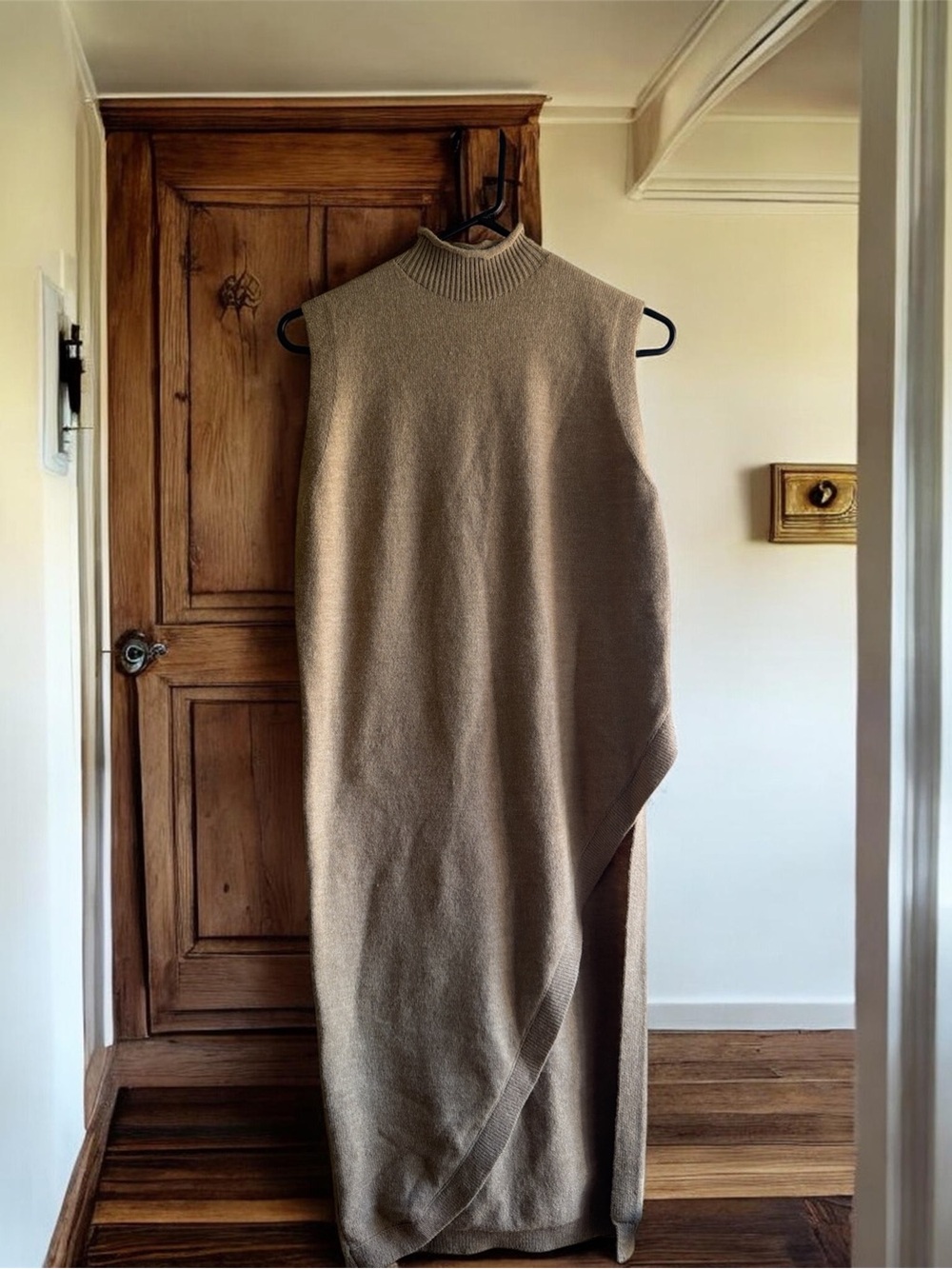 Sleeveless Mock Cowl Longline Knit Tunic in Taupe